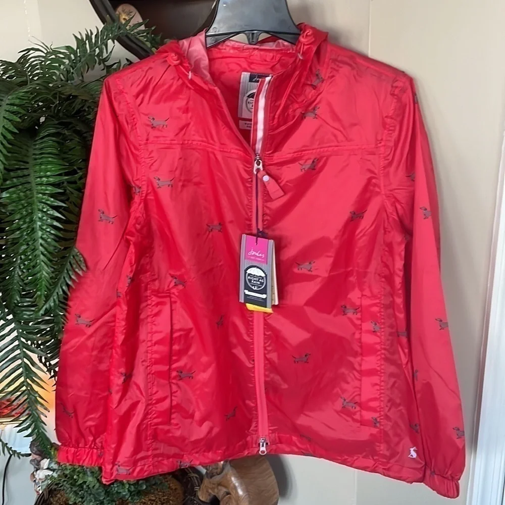 Brand New Joules Waterproof Breathable Rain Coat Zippered Jacket Red Dogs Hood